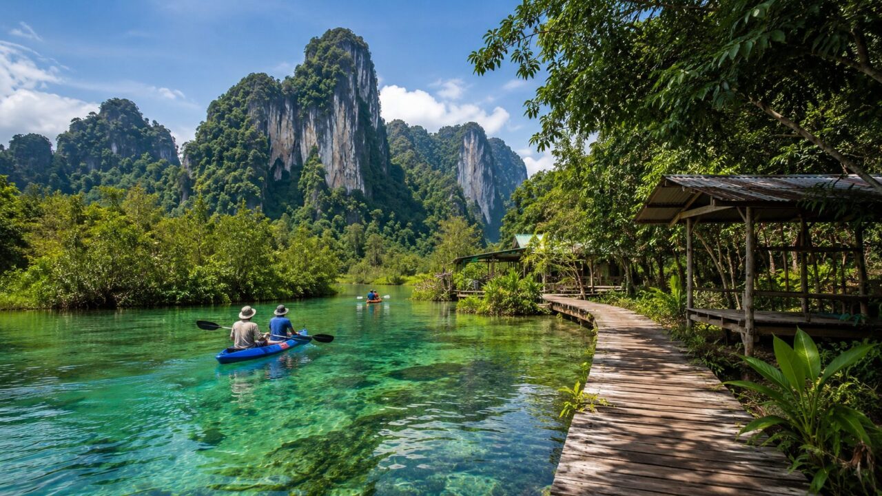 ครอบครัวพายเรือคายัคในน้ำใสสีมรกต ท่ามกลางภูเขาหินปูนและธรรมชาติของประเทศไทย